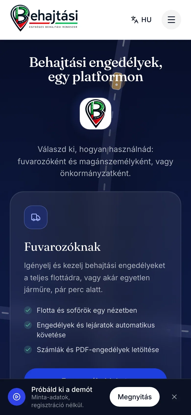 Behajtási.hu’s mobile landing page introducing the user roles.