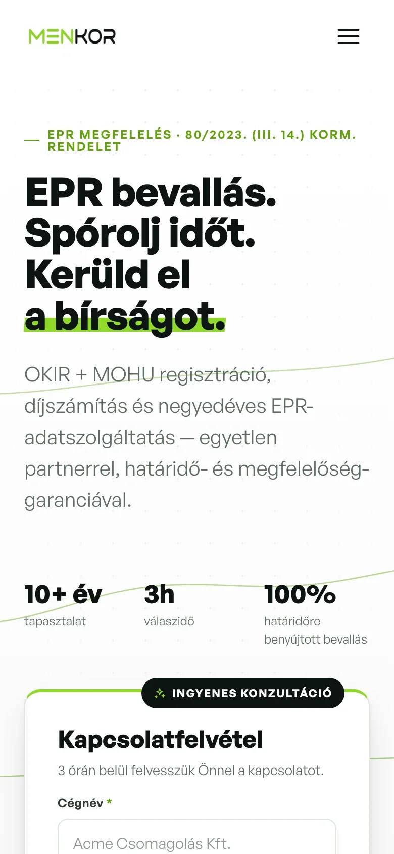 Menkor’s mobile landing page with its service introduction and the beginning of the contact form.