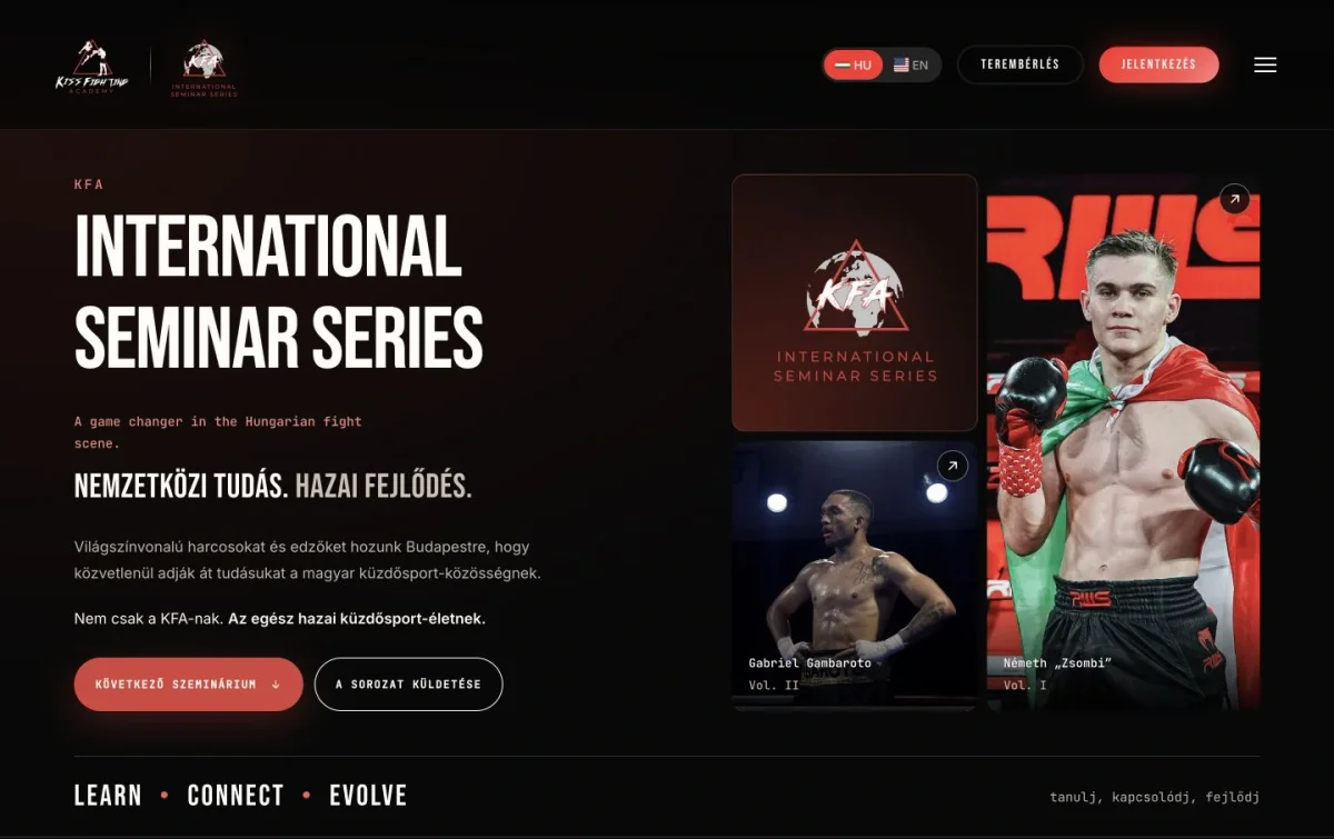 The KFA International Seminar Series homepage featuring Németh Zsombor and Gabriel Gambaroto.