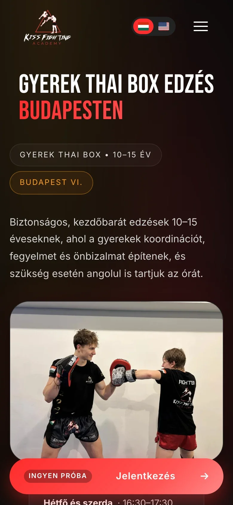 The mobile kids’ classes page with its signup action.