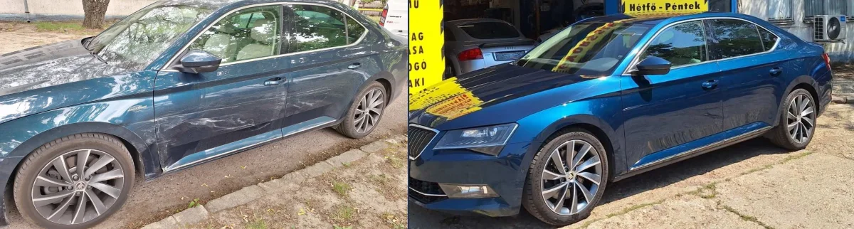 Side-by-side photographs of a blue car before and after body repairs.