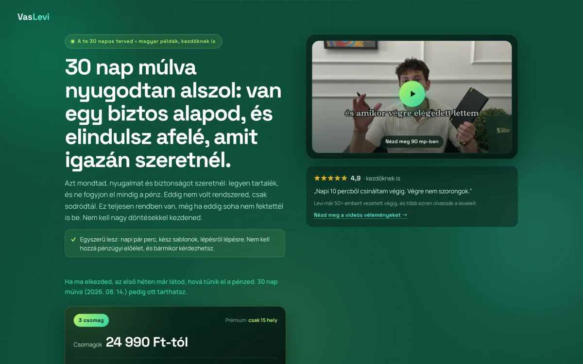 Vas Levi’s 30-day financial programme page with an introduction video and purchase button.