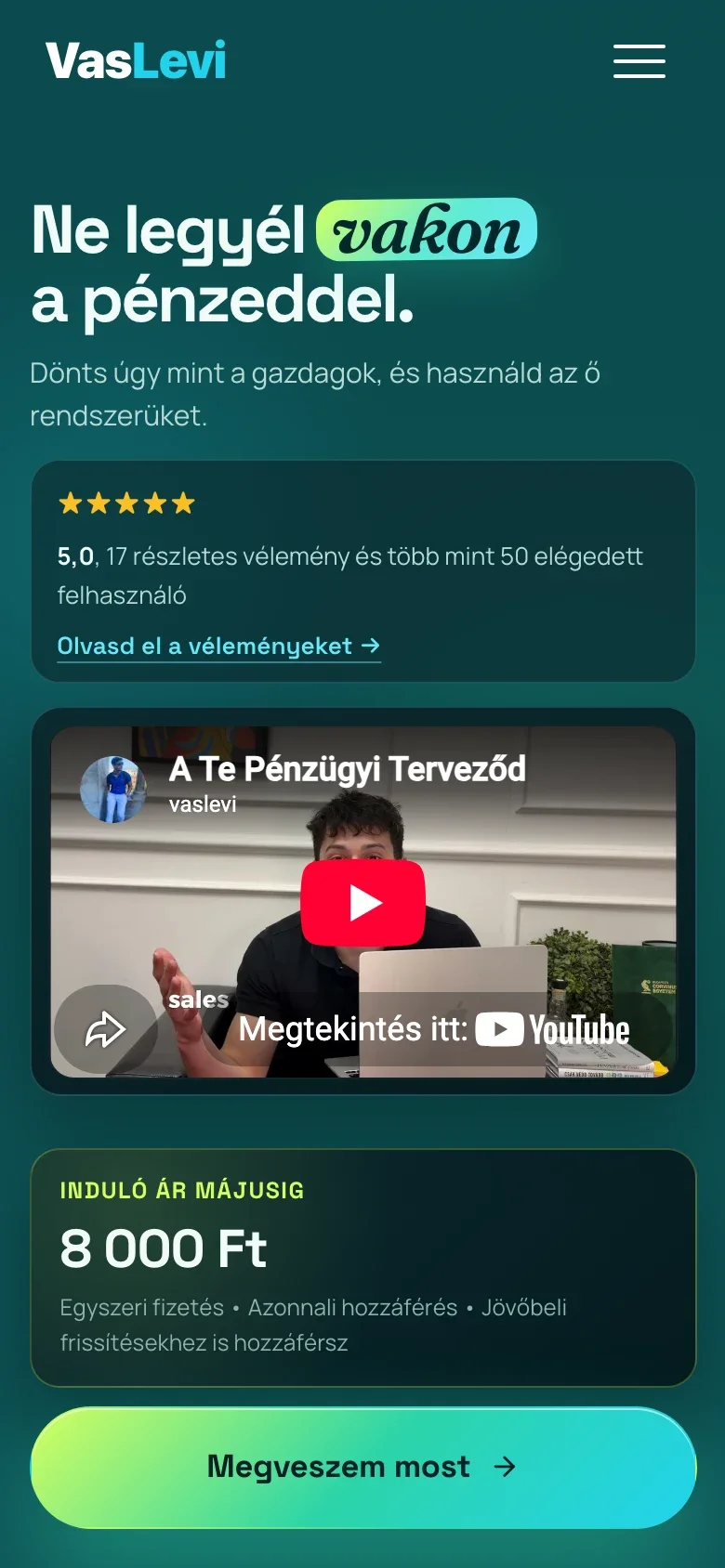 The mobile financial planner landing page with an introduction video, customer ratings and a purchase button.