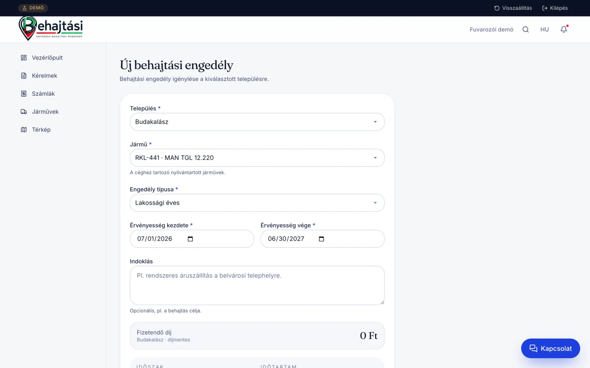 Behajtási.hu’s form for requesting a new vehicle-entry permit.