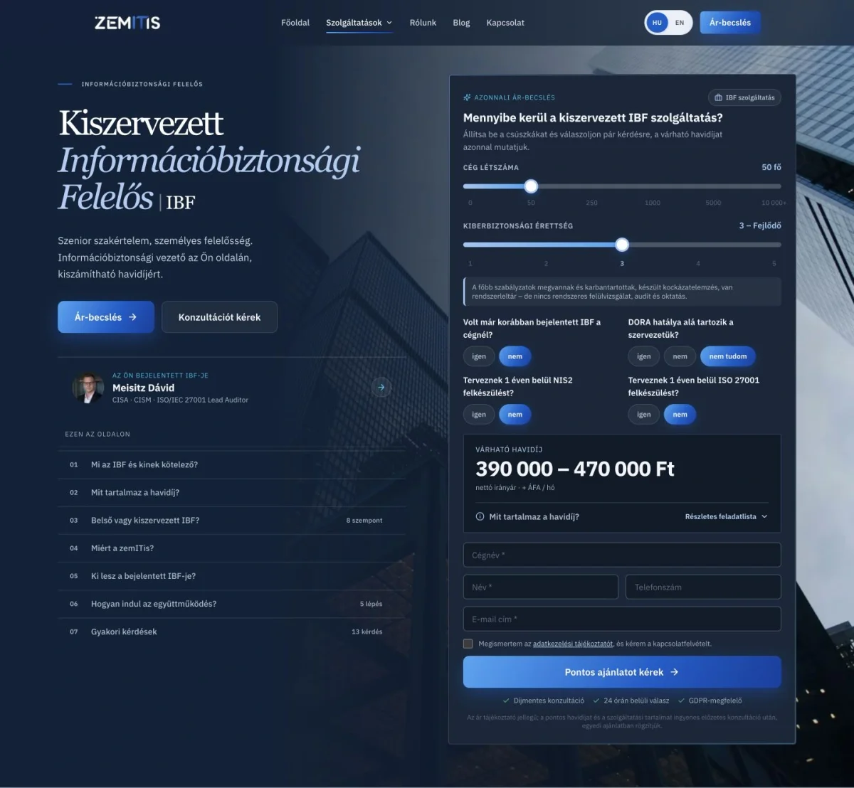 The full opening screen of zemITis’s IBF page, with the service heading, Meisitz Dávid’s small portrait and the pricing calculator.