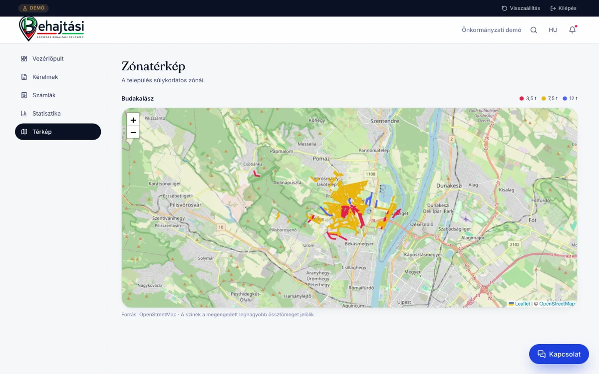 Behajtási.hu’s map-based zone management interface and side panel.